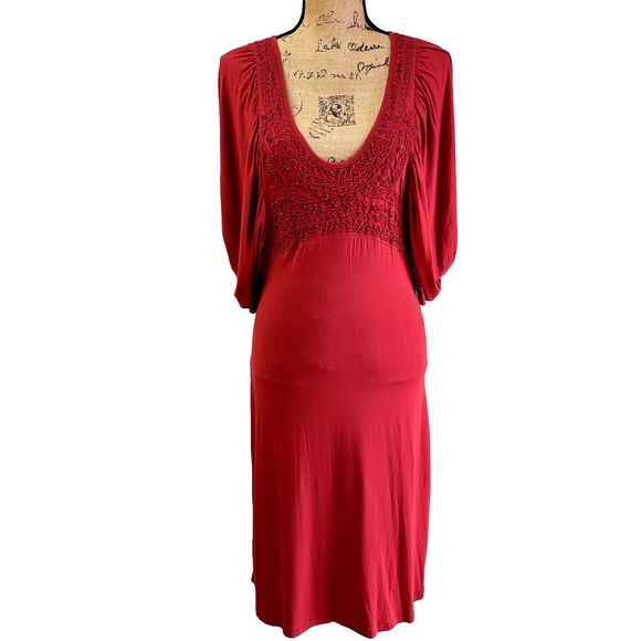 VTG Jersey Dress SHIRT PASSION ITALIA Dark Red Embroidered Bat Sleeves SZ S - Picture 1 of 14